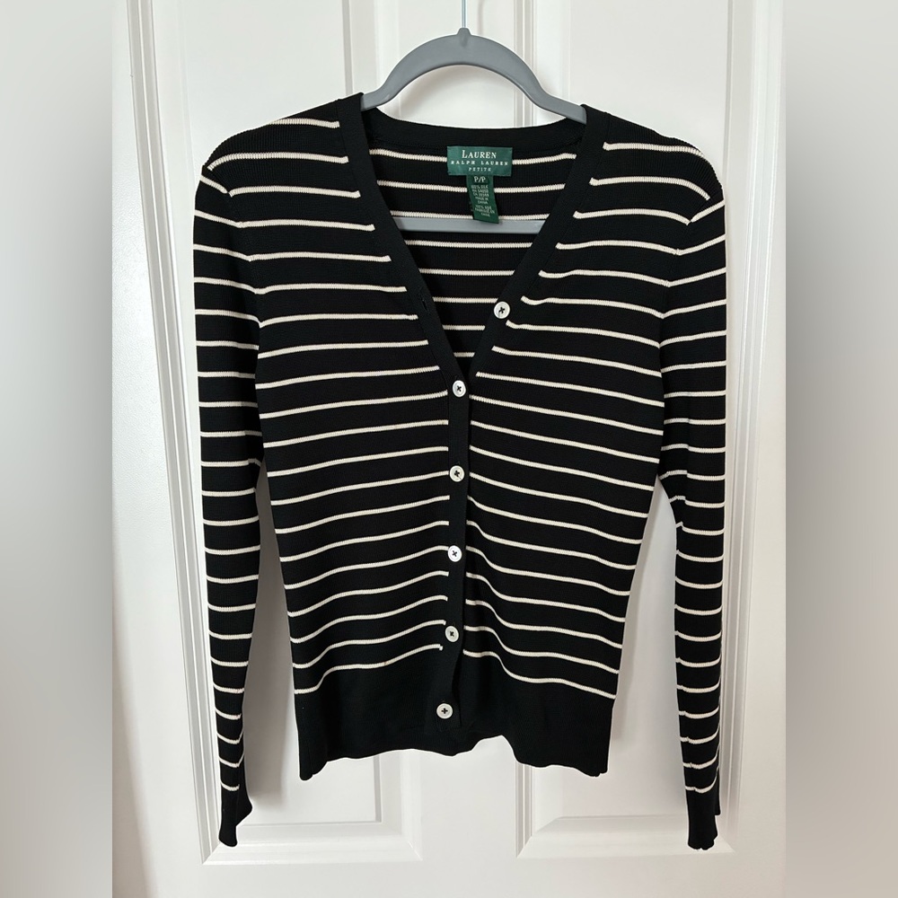 LAUREN Ralph 100% Silk Black/Off White Stripe Long Sleeve Cardigan